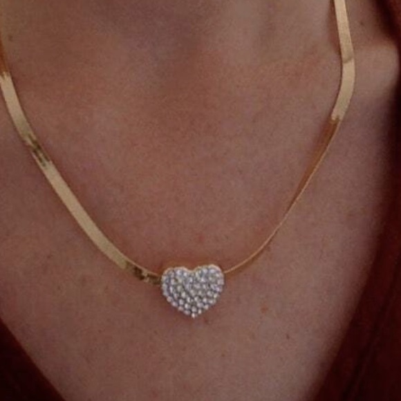 Heart Simulated Diamond inlaid, Herringbone Snake Chain Gold plated Necklace - Picture 6 of 7